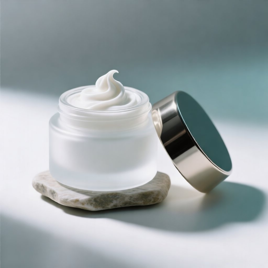 Frosted glass jar of multi-peptide cream with a swirl of texture